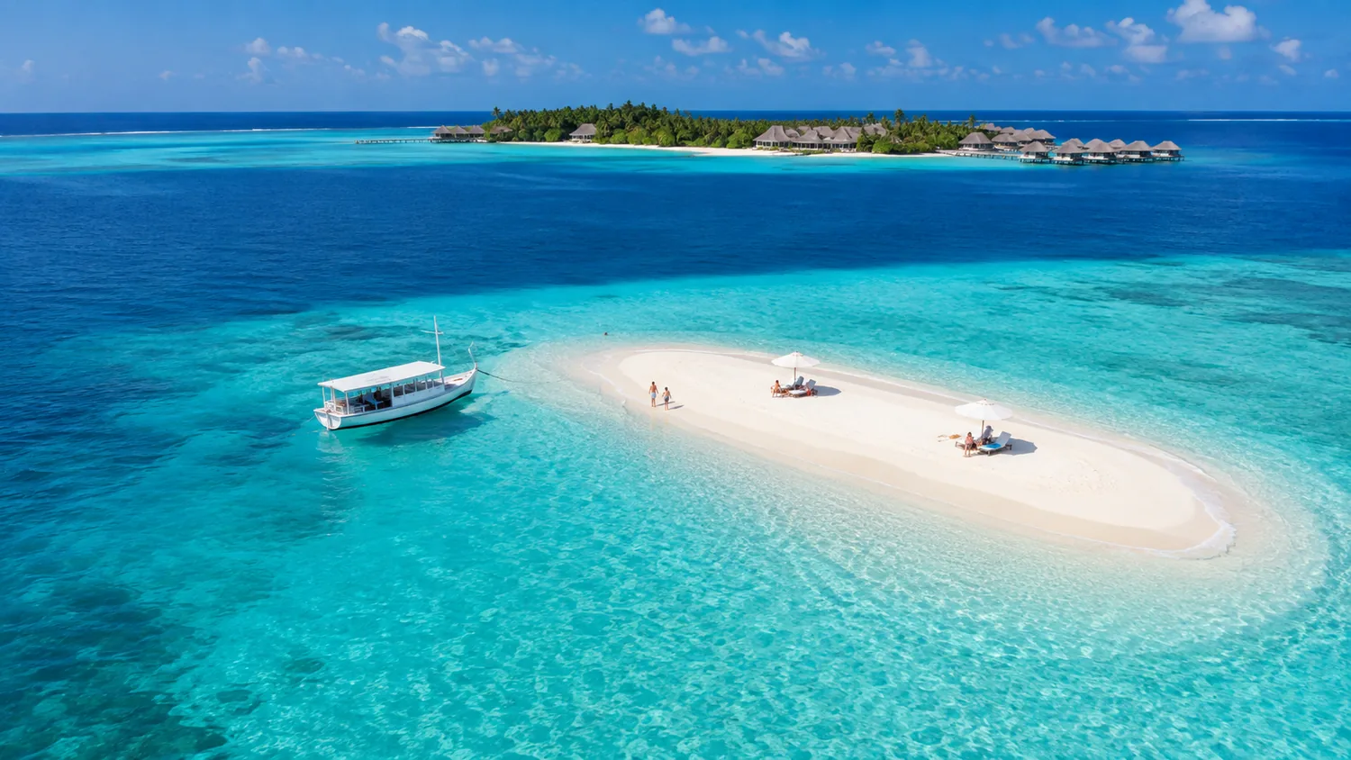 Luftaufnahme einer geschwungenen Sandbank mit zwei Sonnenschirmen und einigen Personen, ein dhoni liegt daneben in einer türkisfarbenen Lagune vor Anker