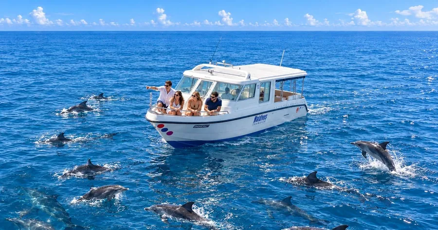 Ein Schwarm Spinnerdelfine, der neben einem kleinen weißen Ausflugsboot in tiefblauem Wasser schwimmt