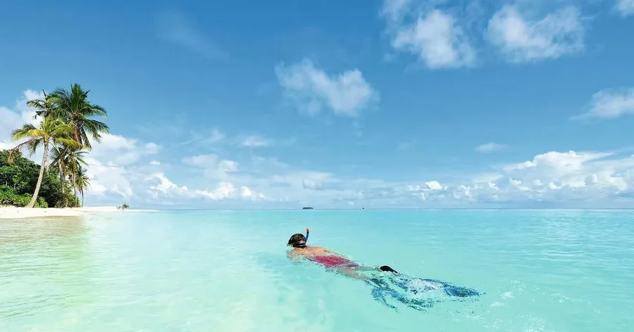 Ein Schnorchler, der mit dem Gesicht nach unten im flachen türkisfarbenen Wasser vor einem Palmenstrand treibt